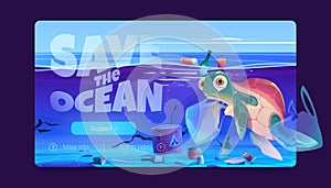 Save ocean website with turtle and trash in water