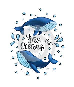 Save the Oceans, vector lettering with two blue whale and drop of water. Keep the sea and oceans, plastic free concept. design for