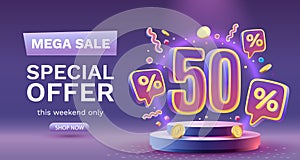 Save offer, 50 off sale banner. Sign board promotion. Vector illustration