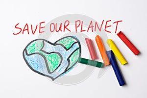 Save our planet drawing with color crayon photo