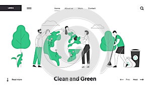 Save Our Planet Website Landing Page. People Prepare for Day of Earth Care of Plants, Sweeping Ground, Clean Trash