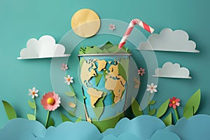 Save the Planet Art Creative Paper Craft Depicting Earth in a Recycled Cup with Flowers and Clouds against a Blue Sky Backdrop photo