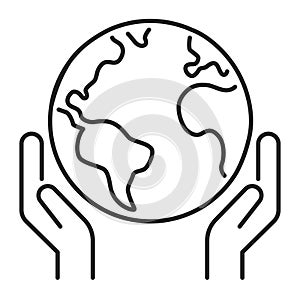 Save planet black line icon. Eco friendly. Earth day symbol. Environment care. Isolated vector element. Outline