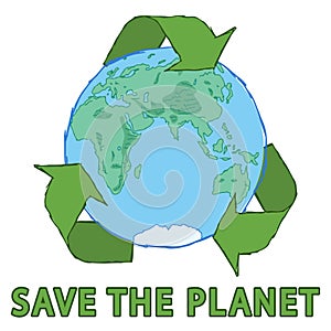 Save the planet concept art, waste problem, recycle symbol, earth planet eastern hemisphere, editable vector illustration