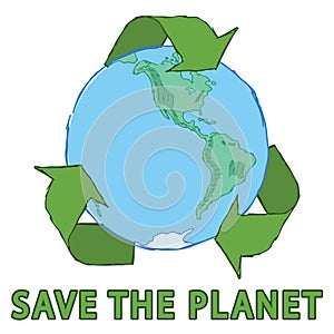 Save the planet concept art, waste problem, recycle symbol, earth planet western hemisphere, editable vector illustration