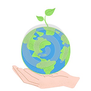 Save the planet concept. Earth in the hand of human. Take care of the world. A small shoot of a green plant. Be green