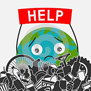 Save the planet concept. Littering planet with human waste. Planet earth asks for help to clear it of garbage