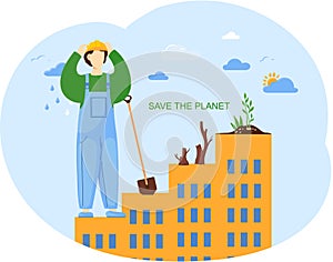 Save the planet concept with man in worker s suit stands with shovel near stump from felled tree