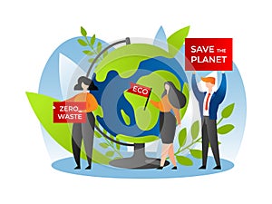 Save planet, earth nature and environment, vector illustration. Green people team care about global ecology, save