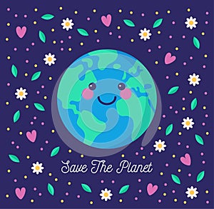 Save the planet. Environmental conservation concept. Cute smiling Earth, floating among flowers and hearts.