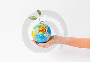 Save planet. Globe in the hands of wonam. Save Earth concept.