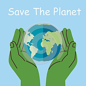 Save planet. Hands holding globe, earth. Earth day concept for poster. Globe with green plant sprout