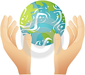 Save planet. Hands holding globe. Earth day. Symbol of caring for nature, environment and ecology