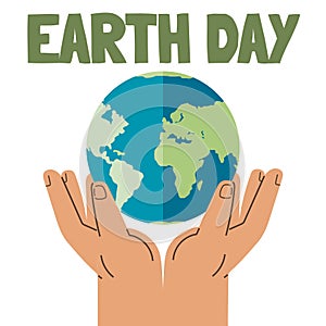 Save planet. Hands holding globe, earth. Earth day concept for poster. Globe with green plant sprout