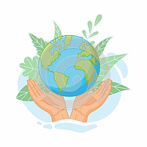 Save the planet. Hands holding globe, earth. Earth day concept. Vector illustration of icons about environmental protection and