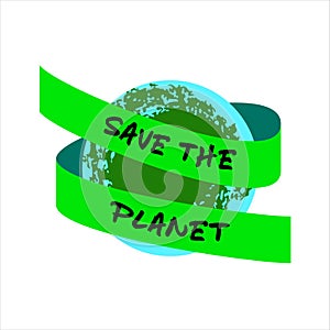 Save the Planet phrase  on the tape around the planet. Isolated on white background.