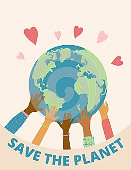 Save the planet retro poster. Happy Earth day banner. Cover for holiday design. Hands support the globe. Vector illustration