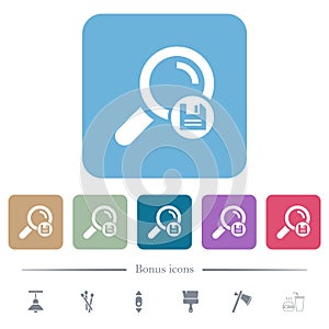 Save search results flat icons on color rounded square backgrounds