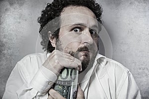 Save, stingy businessman, saving money, man in white shirt with photo