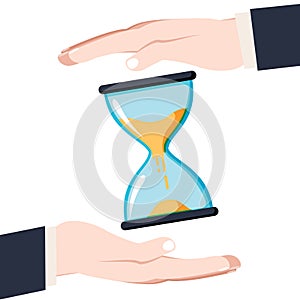 Save time concept. Businessman in hands is holding a watch, alar