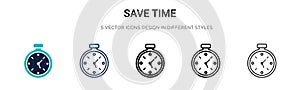 Save time icon in filled, thin line, outline and stroke style. Vector illustration of two colored and black save time vector icons