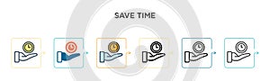 Save time vector icon in 6 different modern styles. Black, two colored save time icons designed in filled, outline, line and