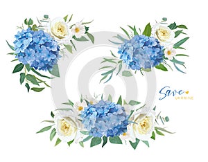 Save Ukraine blue and yellow flowers bouquets set. Hydrangea, garden roses, camellia flower, green eucalyptus leaves. Editable