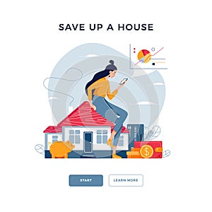 Save up a house banner. Young woman sitting on the house, analyzes profit from property buying or rent. Buy real estate