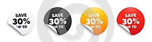 Save up to 30 percent. Discount Sale offer price sign. Round sticker badge banner. Vector