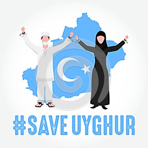 Save Uyghur vector Illustration. Uyghur peoples raising hands and broken chains