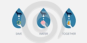 Save Water Concept. Hand holding with drop of water. Sustainable ecology and environment conservation concept design. Vector