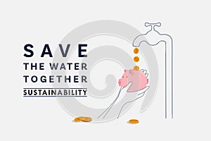 Save Water Concept. Hand holding Piggy bank with drop of coins from faucet. Sustainable ecology and environment conservation