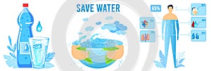 Save water ecology vector illustration set, cartoon flat infographic water function eco concept collection isolated on