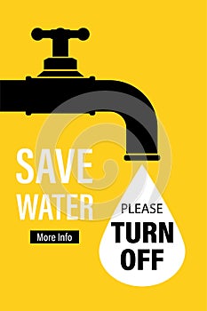 Save water, landing page template. Black silhouette of water tap, large white drop with text. Ecology problems