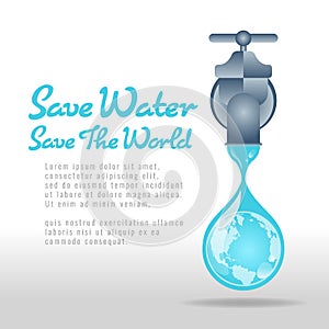 Save water save world banner - water tap  with earth sign in drop water vector design