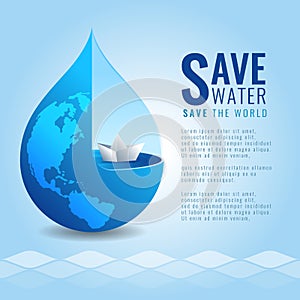 Save water save the world concept with Paper boat in drop water and earth map texture on abstract water wave background vector de