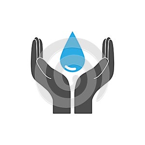 Save water sign. Hand holds water drop icon. Vector illustration, flat design