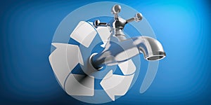 Save water. Water tap on blue background with recycle symbol. 3d illustration