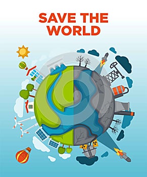 Save world agitation poster with Earth devided in half