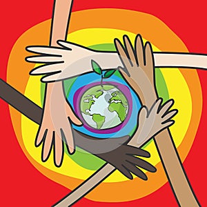 Save the world concept. hands of people of different nationalities working together for saving environment nature conservation