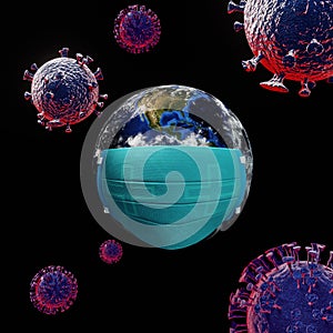 Save the world from coronavirus Covid 19 virus. The planet earth with coronavirus Covid 19 virus . 3d rendering