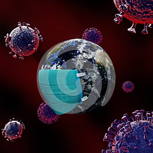 Save the world from coronavirus Covid 19 virus. The planet earth with coronavirus Covid 19 virus . 3d rendering