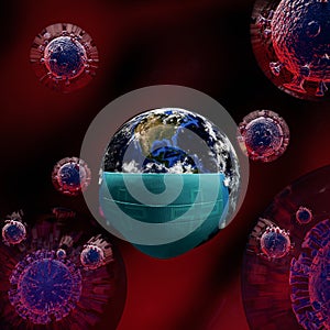 Save the world from coronavirus Covid 19 virus. The planet earth with coronavirus Covid 19 virus . 3d rendering