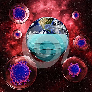Save the world from coronavirus Covid 19 virus. The planet earth wear surgery mask with coronavirus Covid 19 virus in dome glass