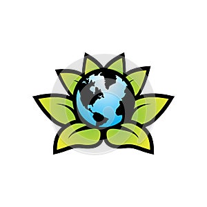 Earth globe green leaves logo