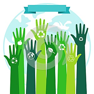 Save world ecology environmental concept. Green hands and blue Planet