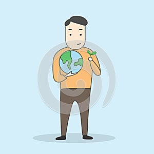 Save world and environment concept. man holding earth and plant.