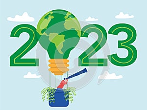 Save the world ,ESG and green business use telescopic on balloon with policy concept in the year 2023.