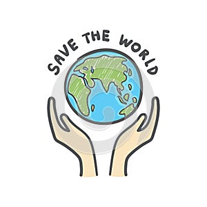 Save the world, Globe and hands doodle. Earth icon hand-drawn on white background.