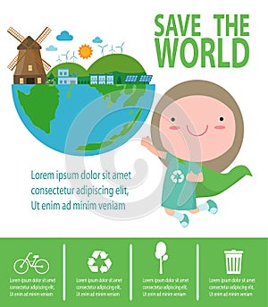 Save the world infographic, save planet, Earth Day,recycling, Eco friendly, ecology concept, isolated on white background vector